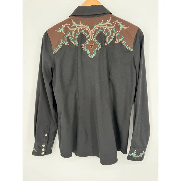 Panhandle Slim Womens L Western Shirt Black Embroidered Rhinestone Snap - Picture 2 of 11